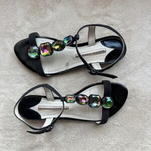 Sophia Webster Women 6 Black Suede Crystal Jewel Embellished T-Strap Flat Sandal